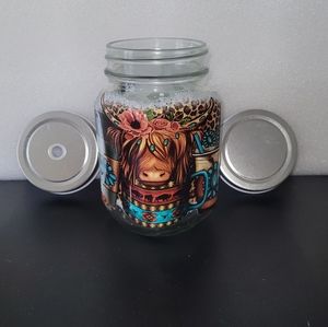 Ox / Cow 16oz glass mason jars cup with handle comes with 2 lids